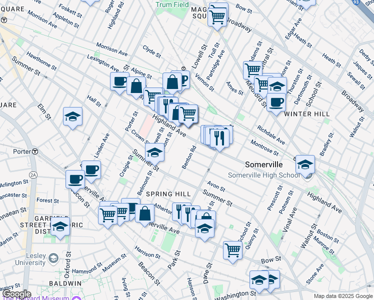 map of restaurants, bars, coffee shops, grocery stores, and more near 44 Benton Road in Somerville