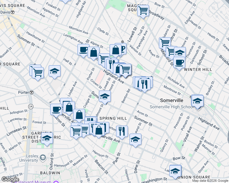 map of restaurants, bars, coffee shops, grocery stores, and more near 16 Spring Hill Terrace in Somerville
