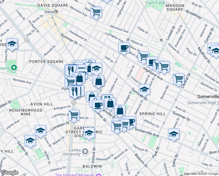 map of restaurants, bars, coffee shops, grocery stores, and more near 29a Linden Avenue in Somerville