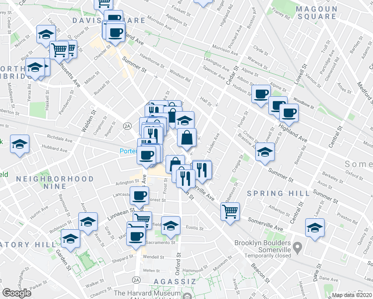 map of restaurants, bars, coffee shops, grocery stores, and more near in Somerville