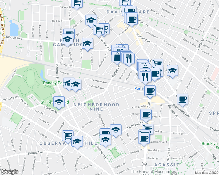 map of restaurants, bars, coffee shops, grocery stores, and more near 77 Walden Street in Cambridge