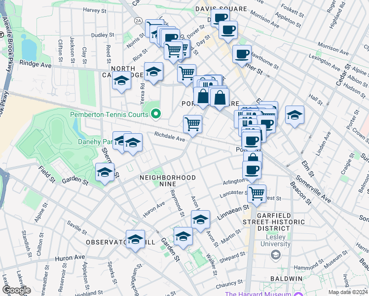 map of restaurants, bars, coffee shops, grocery stores, and more near 77 Walden Street in Cambridge
