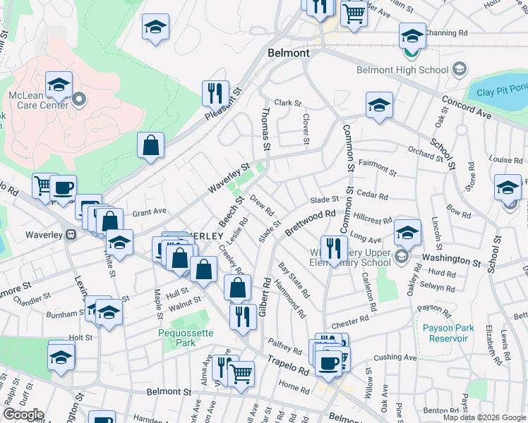 map of restaurants, bars, coffee shops, grocery stores, and more near 28 Upland Road in Belmont