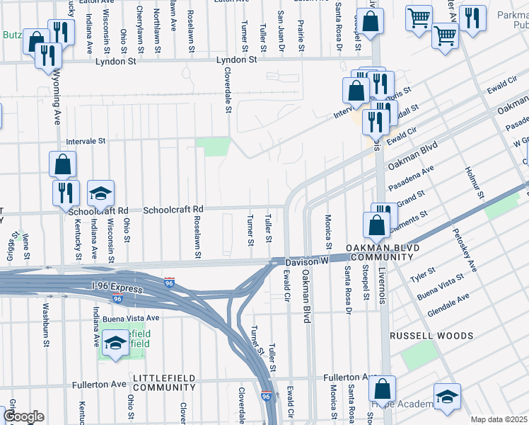 map of restaurants, bars, coffee shops, grocery stores, and more near 13646 Tuller Street in Detroit