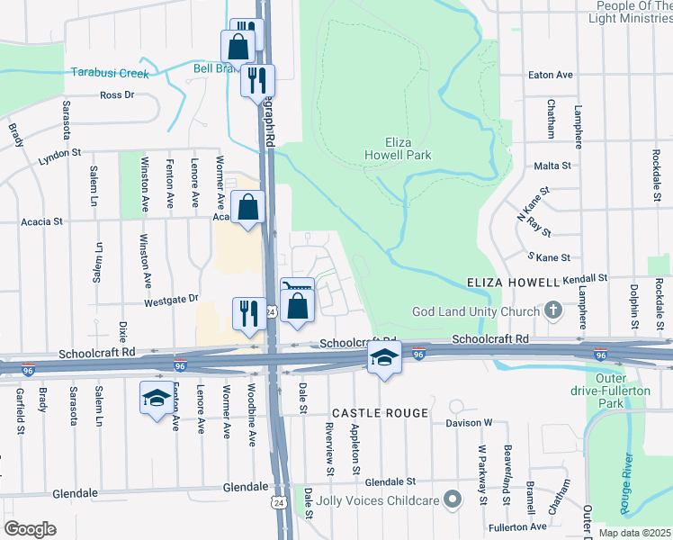 map of restaurants, bars, coffee shops, grocery stores, and more near 14180 Riverview Street in Detroit