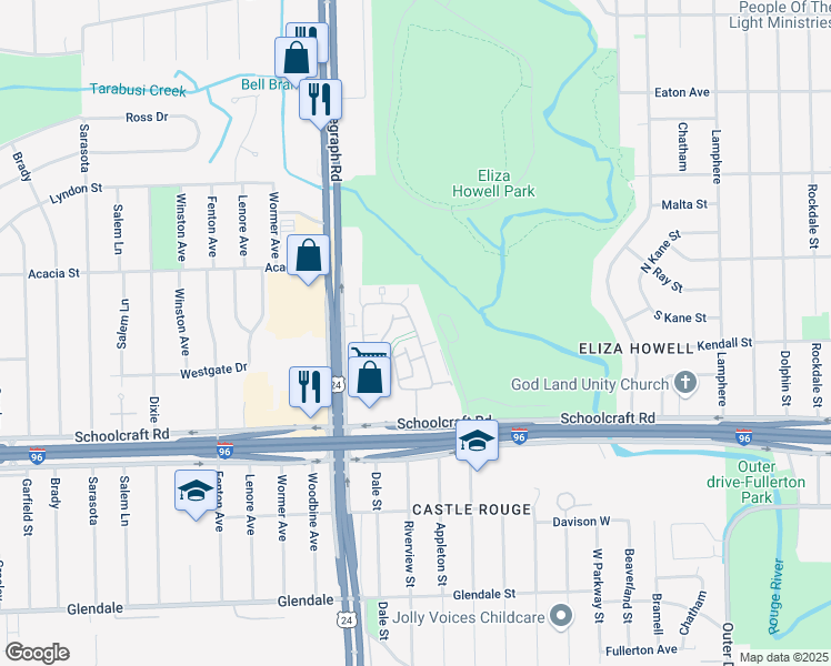 map of restaurants, bars, coffee shops, grocery stores, and more near 14180 Riverview Street in Detroit