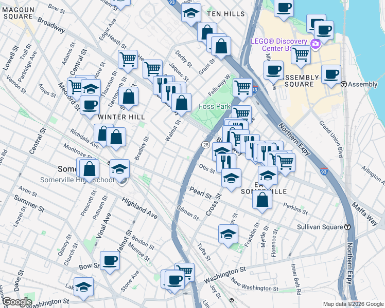 map of restaurants, bars, coffee shops, grocery stores, and more near in Somerville