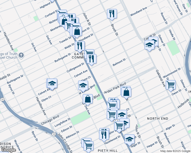 map of restaurants, bars, coffee shops, grocery stores, and more near 9844 Woodward Avenue in Detroit