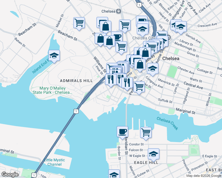 map of restaurants, bars, coffee shops, grocery stores, and more near 105 Broadway in Chelsea