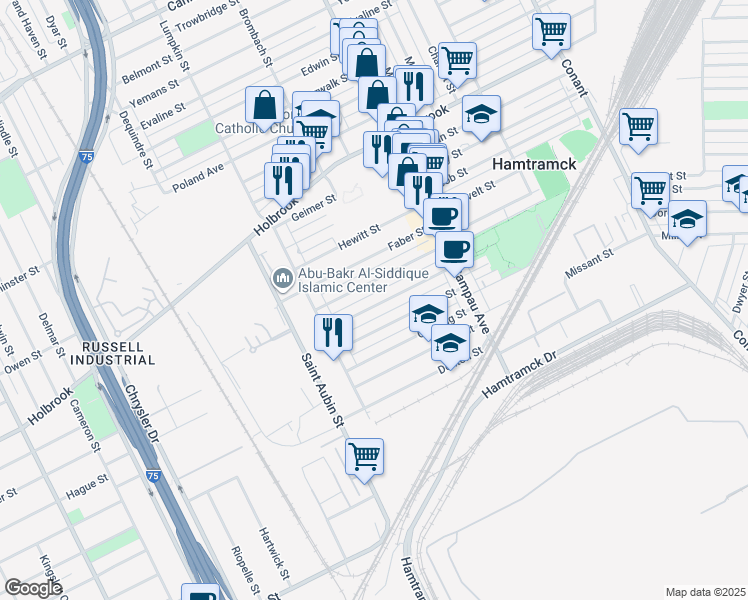 map of restaurants, bars, coffee shops, grocery stores, and more near 2323 Danforth St in Hamtramck