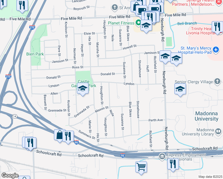 map of restaurants, bars, coffee shops, grocery stores, and more near 14472 Nola in Livonia