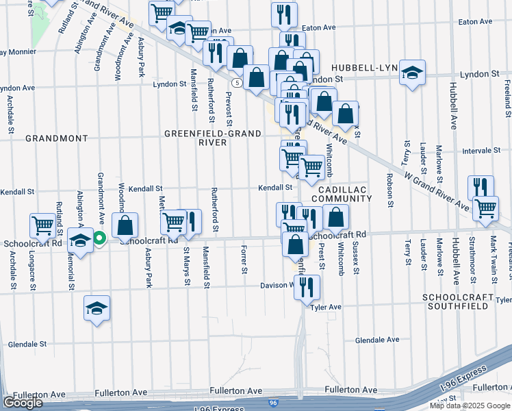 map of restaurants, bars, coffee shops, grocery stores, and more near 14003 Montrose Street in Detroit