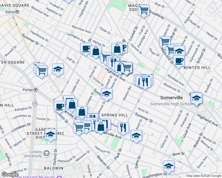 map of restaurants, bars, coffee shops, grocery stores, and more near 83 Belmont Street in Somerville