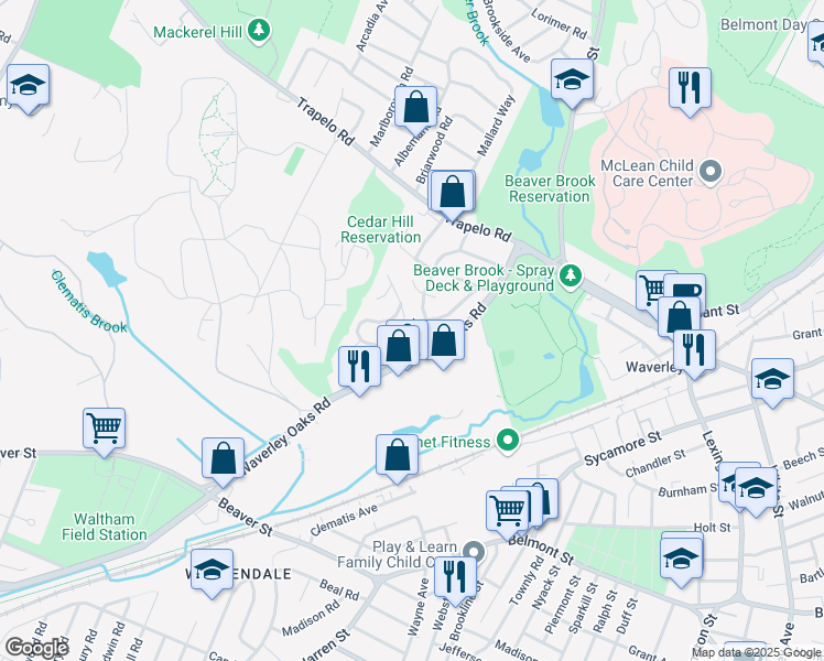 map of restaurants, bars, coffee shops, grocery stores, and more near 61 Parkview Road in Waltham