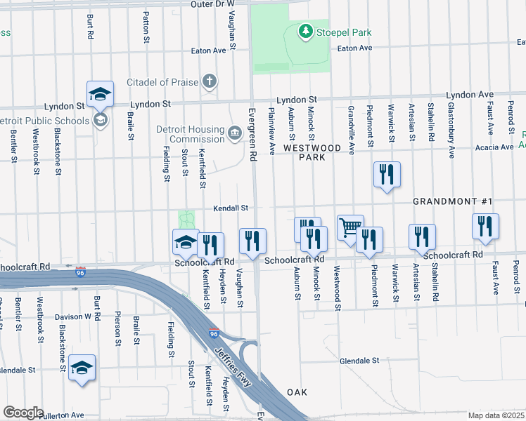 map of restaurants, bars, coffee shops, grocery stores, and more near 14056 Evergreen Road in Detroit
