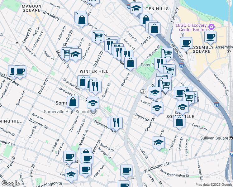 map of restaurants, bars, coffee shops, grocery stores, and more near 132 Walnut Street in Somerville