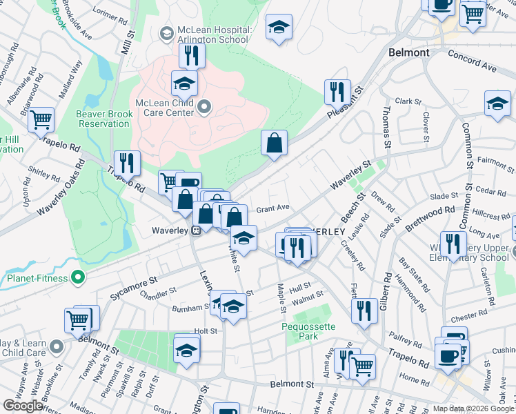 map of restaurants, bars, coffee shops, grocery stores, and more near 36 Grant Avenue in Belmont