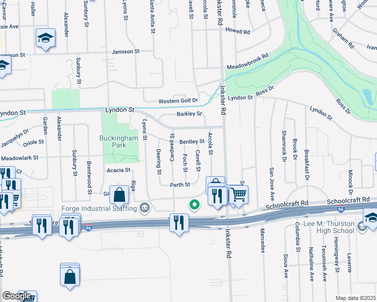 map of restaurants, bars, coffee shops, grocery stores, and more near 14242 Foch Street in Livonia
