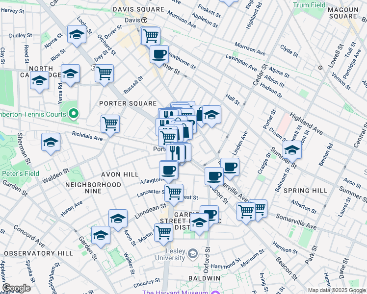 map of restaurants, bars, coffee shops, grocery stores, and more near in Cambridge