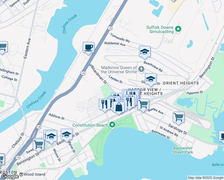 map of restaurants, bars, coffee shops, grocery stores, and more near 86 Boardman Street in Boston