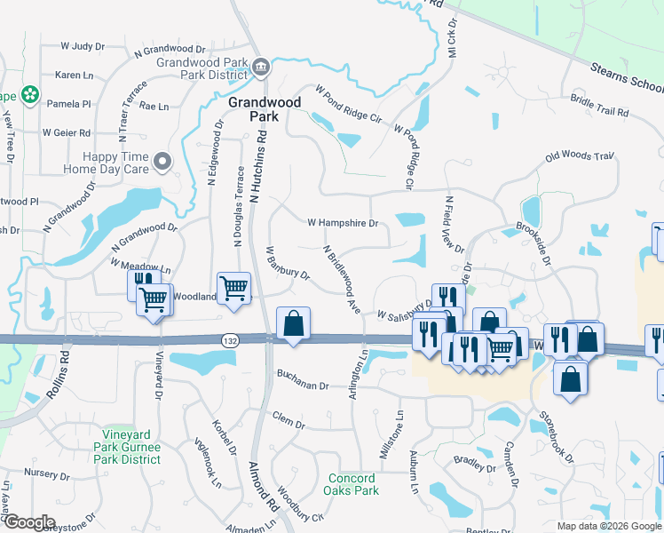 map of restaurants, bars, coffee shops, grocery stores, and more near 36182 North Bridlewood Avenue in Gurnee