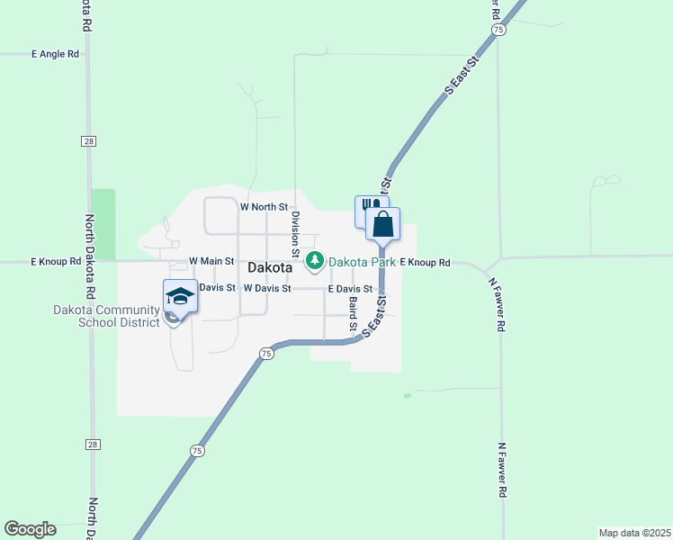 map of restaurants, bars, coffee shops, grocery stores, and more near 201 East Main Street in Dakota
