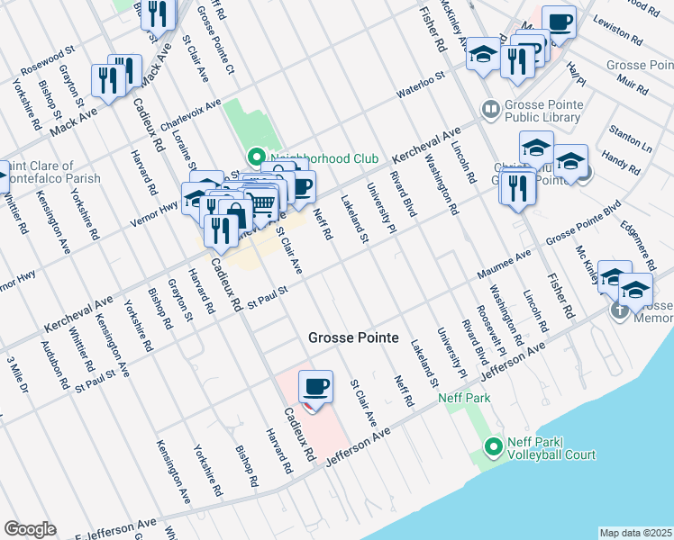 map of restaurants, bars, coffee shops, grocery stores, and more near 515 Neff Road in Grosse Pointe