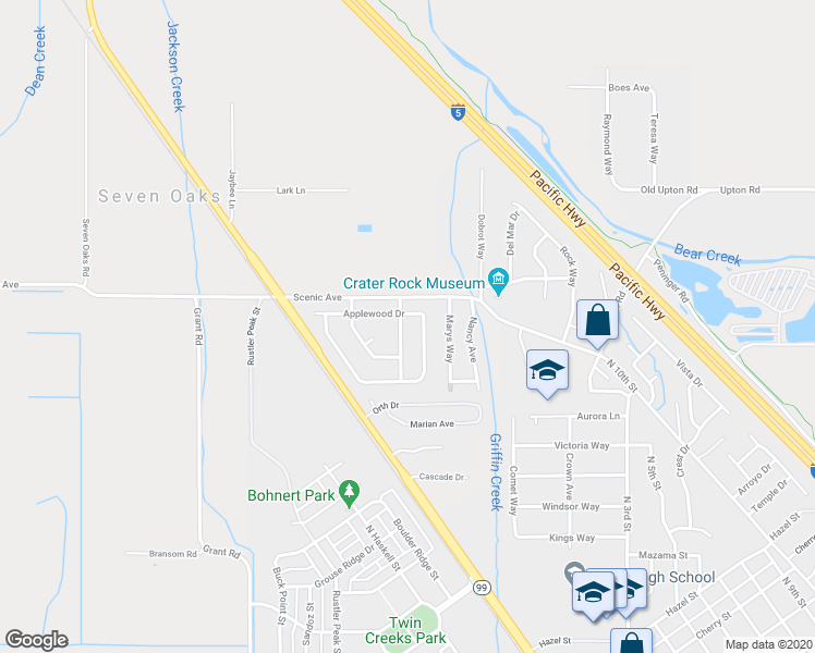 map of restaurants, bars, coffee shops, grocery stores, and more near 1858 Northwood Drive in Central Point