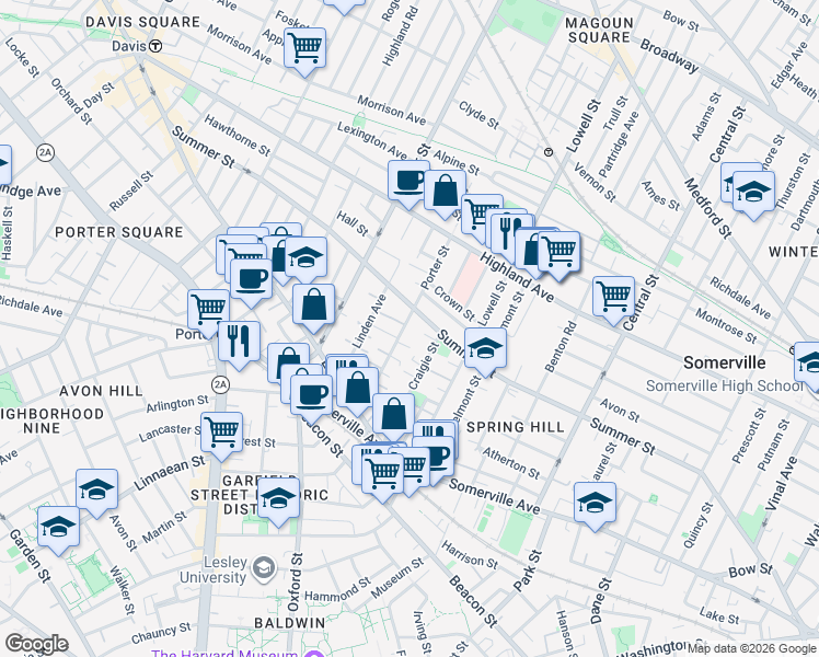 map of restaurants, bars, coffee shops, grocery stores, and more near 49 Porter Street in Somerville