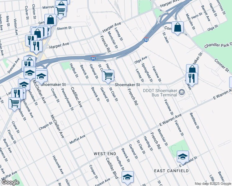 map of restaurants, bars, coffee shops, grocery stores, and more near 5354 Saint Clair Street in Detroit