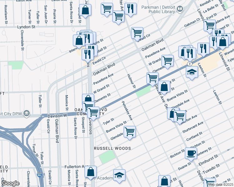 map of restaurants, bars, coffee shops, grocery stores, and more near 4209 Clements Street in Detroit