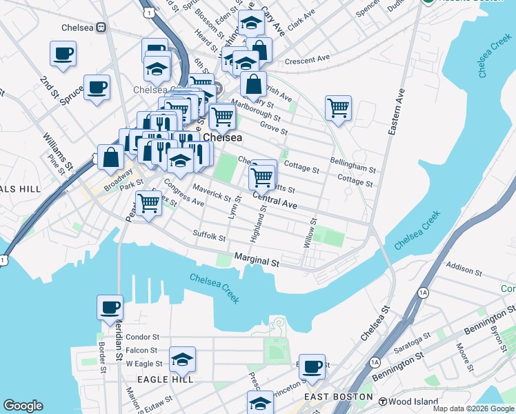 map of restaurants, bars, coffee shops, grocery stores, and more near 95 Maverick Street in Chelsea