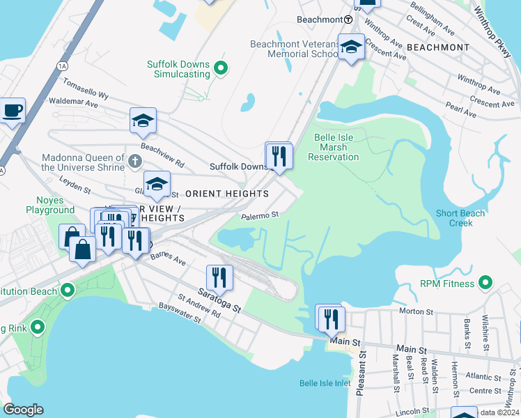 map of restaurants, bars, coffee shops, grocery stores, and more near 14 Swan Avenue in Boston