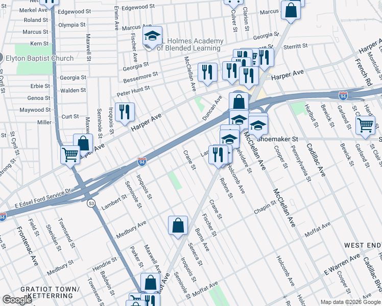 map of restaurants, bars, coffee shops, grocery stores, and more near 6126 Crane Street in Detroit