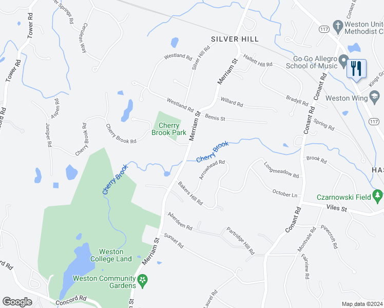 map of restaurants, bars, coffee shops, grocery stores, and more near 159 Merriam Street in Weston