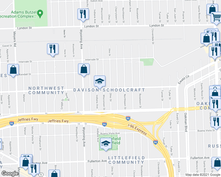 map of restaurants, bars, coffee shops, grocery stores, and more near Schoolcraft & Ohio St in Detroit