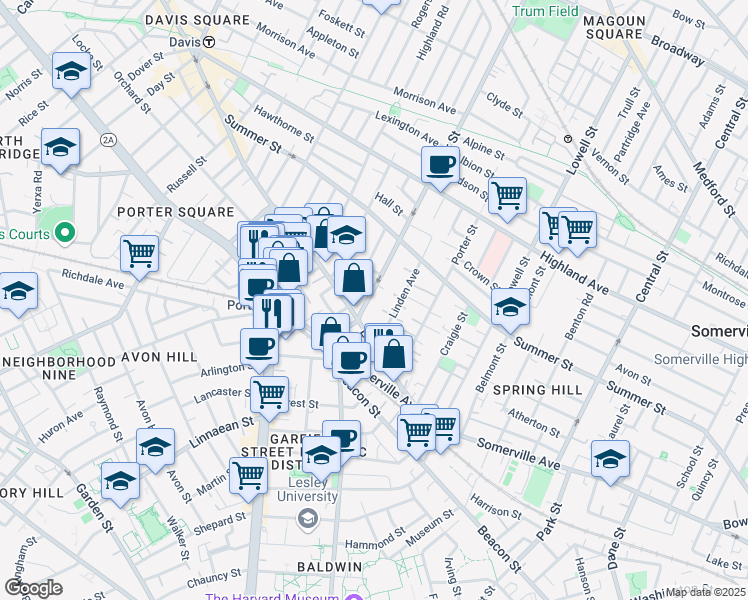 map of restaurants, bars, coffee shops, grocery stores, and more near 19 Cedar Street in Somerville