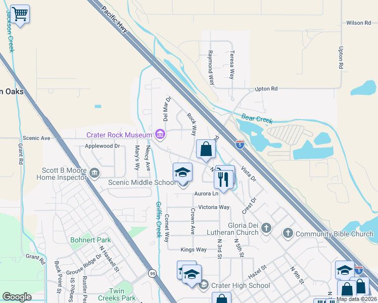 map of restaurants, bars, coffee shops, grocery stores, and more near 4015 Rock Way in Central Point