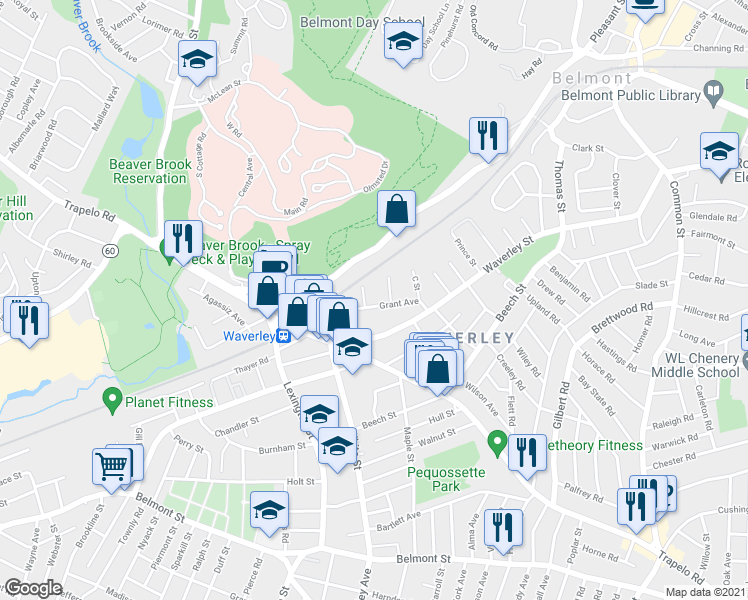 map of restaurants, bars, coffee shops, grocery stores, and more near 36 Grant Avenue in Belmont