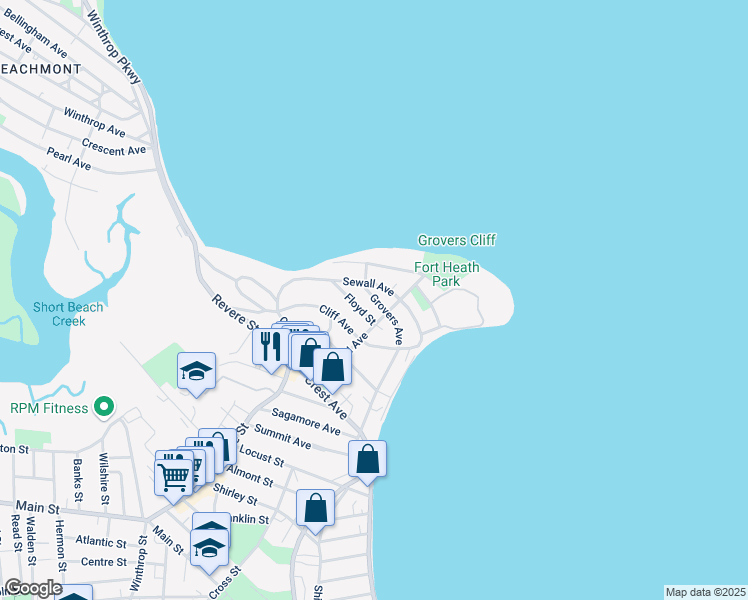 map of restaurants, bars, coffee shops, grocery stores, and more near 208 Grovers Avenue in Winthrop