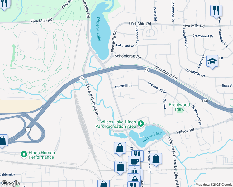 map of restaurants, bars, coffee shops, grocery stores, and more near 14273 Northville Road in Plymouth