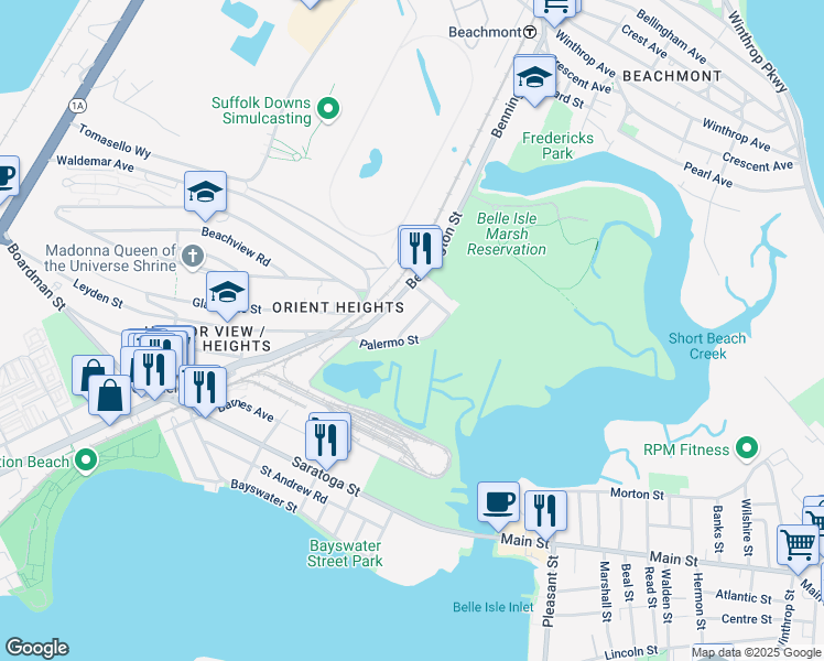 map of restaurants, bars, coffee shops, grocery stores, and more near 2 Lawn Avenue in Boston