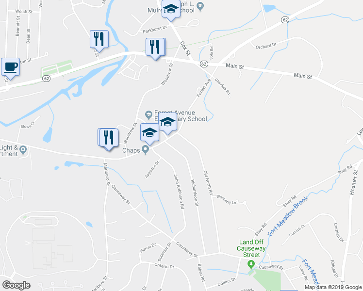 map of restaurants, bars, coffee shops, grocery stores, and more near 39 Richardson Street in Hudson
