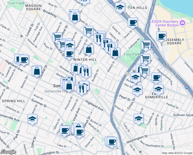 map of restaurants, bars, coffee shops, grocery stores, and more near 20 Radcliffe Road in Somerville
