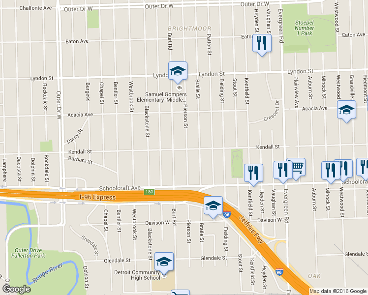 map of restaurants, bars, coffee shops, grocery stores, and more near 14103 Pierson Street in Detroit