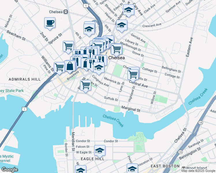 map of restaurants, bars, coffee shops, grocery stores, and more near 54 Shawmut Street in Chelsea
