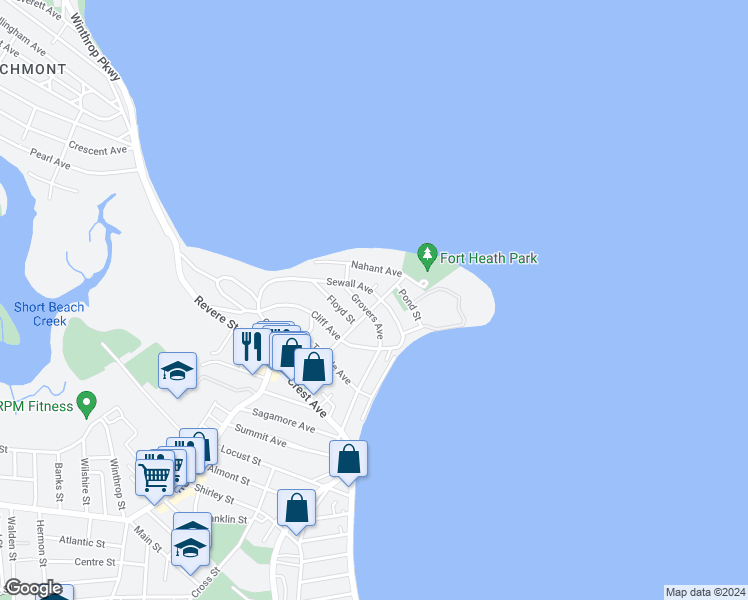 map of restaurants, bars, coffee shops, grocery stores, and more near 41 Sewall Avenue in Winthrop