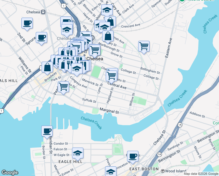 map of restaurants, bars, coffee shops, grocery stores, and more near 95 Maverick Street in Chelsea