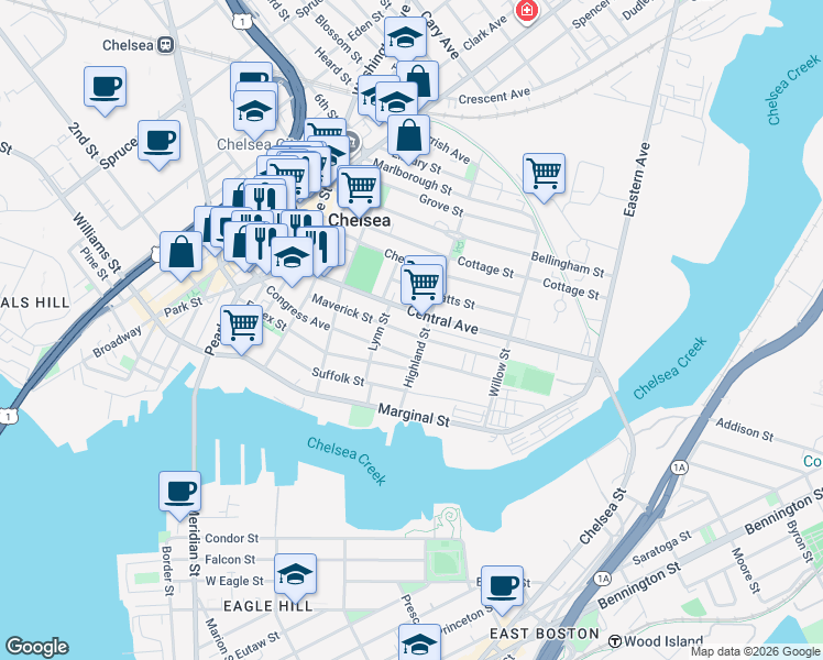 map of restaurants, bars, coffee shops, grocery stores, and more near 95 Maverick Street in Chelsea