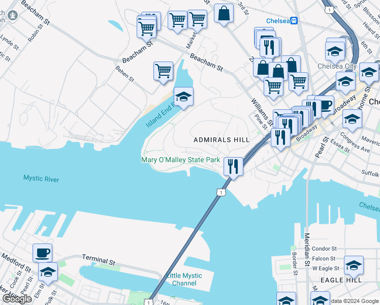 map of restaurants, bars, coffee shops, grocery stores, and more near 12 Breakwater Cove in Chelsea